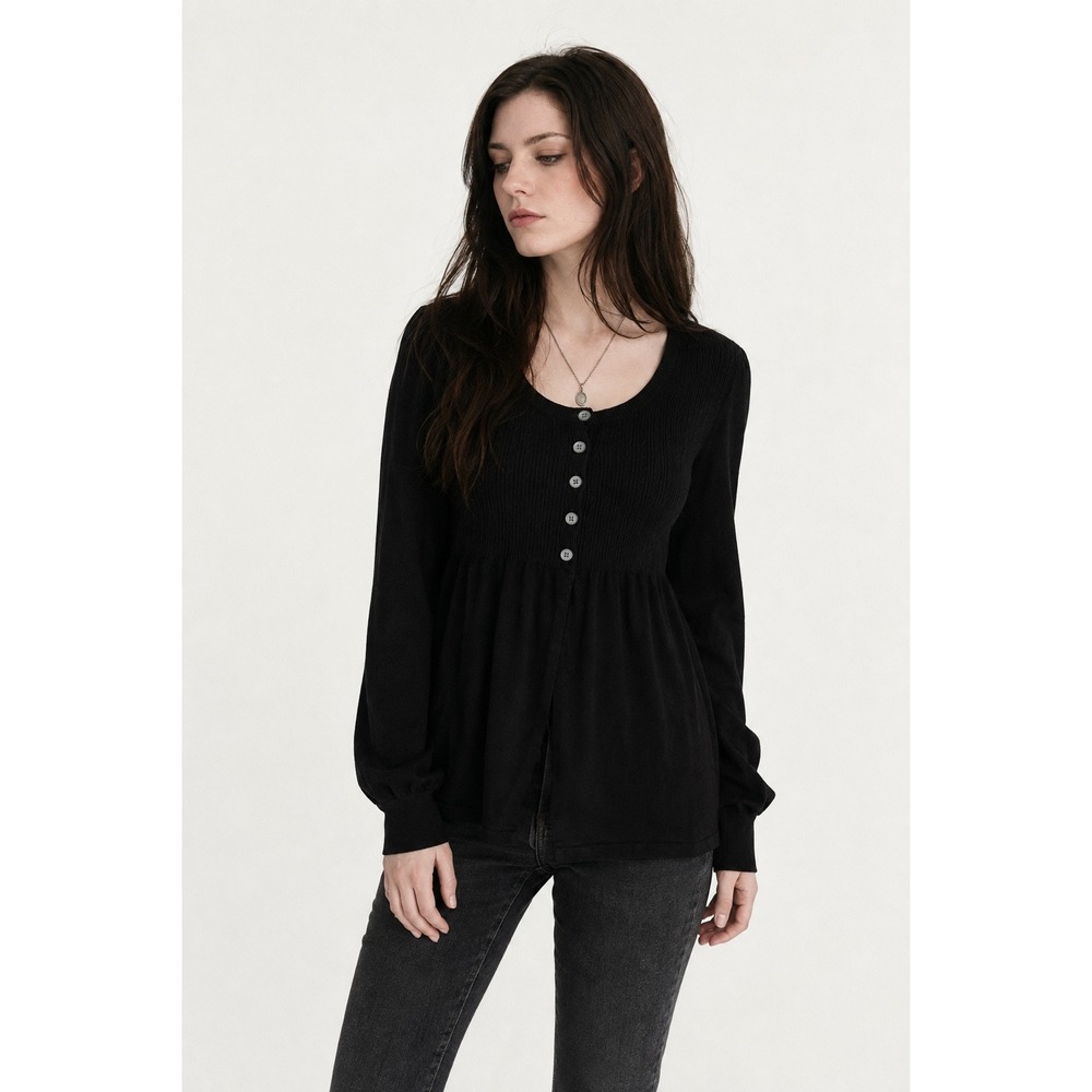 Apt 9 Black Babydoll Knit Top Cable Texture Balloon Sleeve L Bella Swan Witchy
